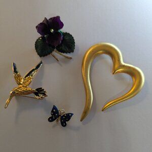 Lot Vintage Brooches Pins Huumingbird*Purple Flower Enameled leaves*Gold Plate